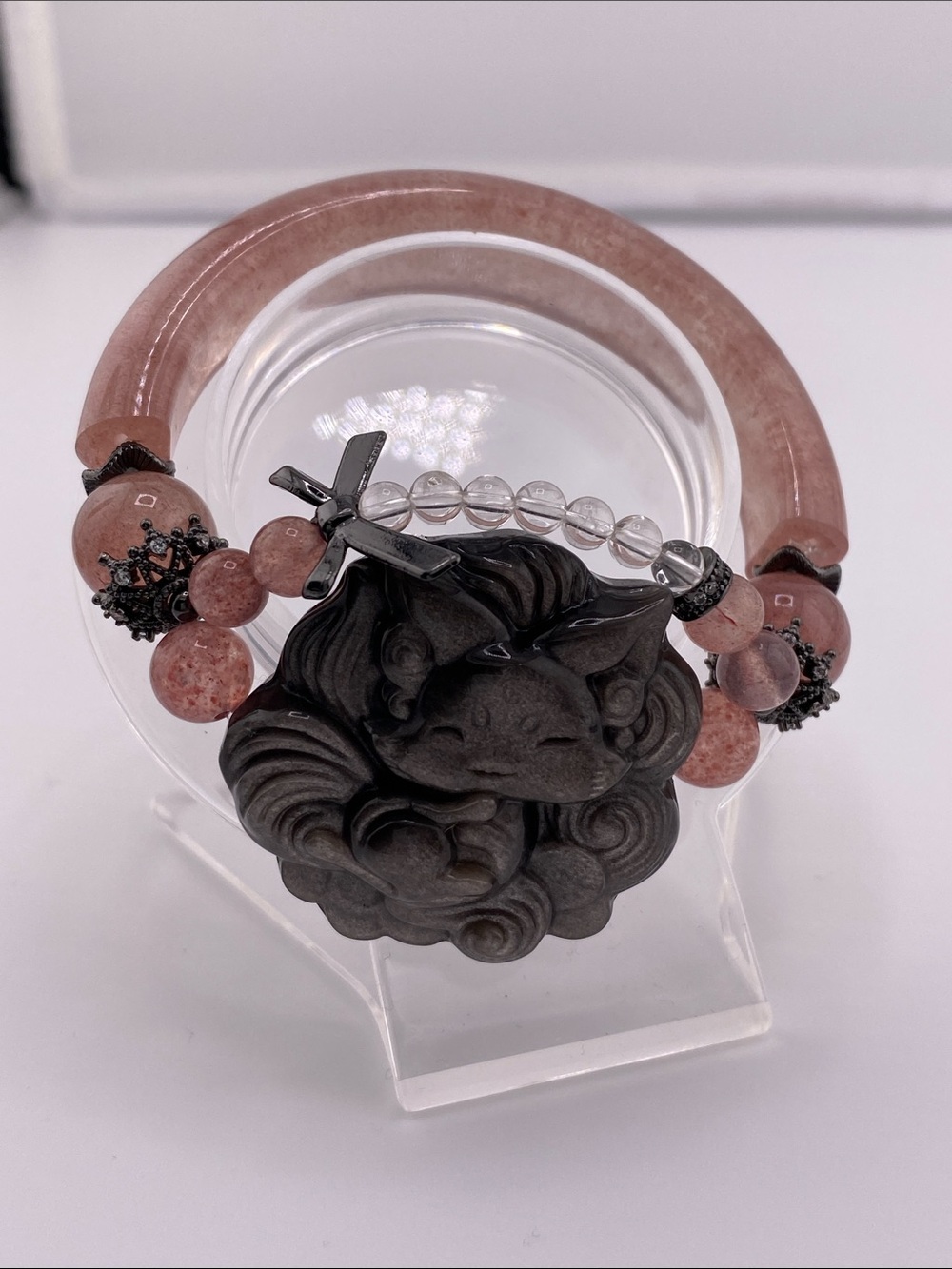 Strawberry Quartz & Carved Obsidian Fox Half Bangle Bracelet